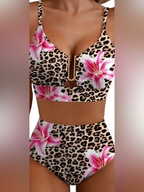 Aleumdr Floral and Leopard High Waisted Bikini Set for Women